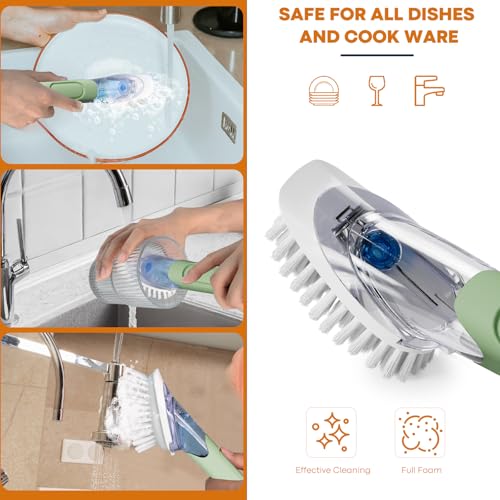 Soap Dispensing Replacement Dish Brush Storage Set with 2 PCS Brush Refills & Holder - RIMAY Dispenser Scrub Cleaning Scrubber Kitchen Dishwashing Dish Wand Handle for Dishes/Pans/Pots/Sink(Green) - color: Green