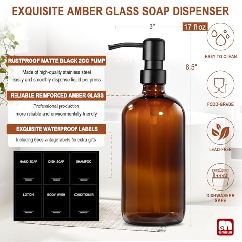 GMISUN Amber Glass Soap Dispenser, 2 Pack Bathroom Hand Soap Dispensers with Stainless Steel Pump, 17 Fl Oz Kitchen Hand and Dish Soap Dispenser Set, Modern Vintage Liquid Brown Soap Dispensers Bottle - color: Amber Bottle + Black Pump