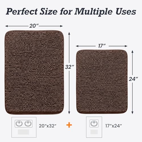 HUXMEYSON Bathroom Rugs Set 2 Piece, Ultra Absorbent Chenille Non Slip Bathroom Mat Set - 17'' x 24'' Plush Bathroom Rug & 20'' x 32'' Extra Soft Bath Mat - Machine Washable, Brown - color: Brown, size: 24" x 17" + 32" x 20"