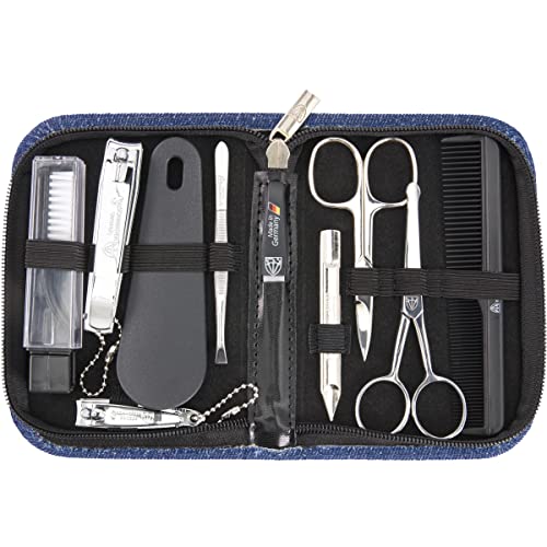 3 Swords Germany – brand quality 10 piece manicure pedicure grooming kit set for professional finger & toe nail care tweezers file clipper fashion leather case in gift box, Made by 3 Swords (7797) - color: JEANS-BLUE