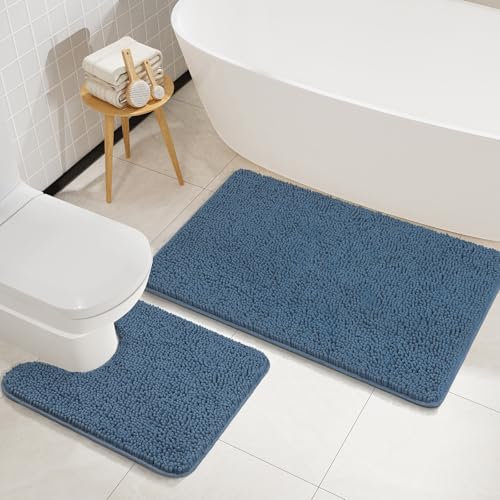 LOCHAS Bathroom Rugs Sets 2 Piece, Soft Non Slip Bath Mat Set, 20''x20'' U-Shaped Toilet Rug and 34''x21'' Denim Blue Bath Rugs, Washable Absorbent Chenille Toilet Rug Set for Bathroom, Shower, Sink - color: Denim Blue