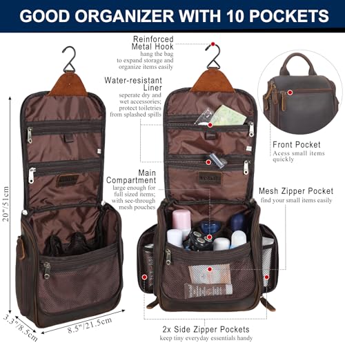 Masa Kawa Leather Hanging Travel Toiletry Bag for Men Portable Expandable Camping Cosmetics Makeup Toiletries Organizer Vintage Bathroom Shaving Kit Brown Wash Bags - color: Brown