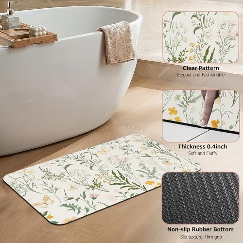 Bath Mat,Wildflowers Plants Bathroom Rugs,Quick-Drying Non-Slip Rubber Bath Mats Absorbent Diatomaceous Earth Mat for Bathroom Home Decor 17"x29.5" - color: Wildflowers Plants