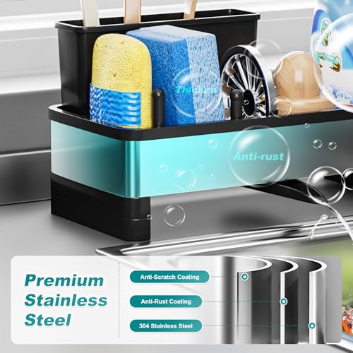Ewaiira Stainless Steel Sink Caddy, Sponge Holder for Kitchen Sink with Brush Holder and Towel Rack, Sink Organizer for Countertop, Soap Kitchen Organizers Storage Essentials (A-Black) - color: A-black