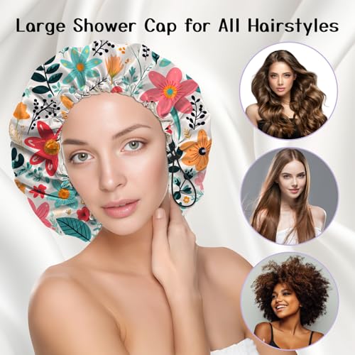 Luxury Shower Cap Silk Satin Lined Waterproof Reusable Adjustable Elastic Dry Hair Bathing Caps Cute for Women Girls-Red Flower - color: C-2-Red Flower