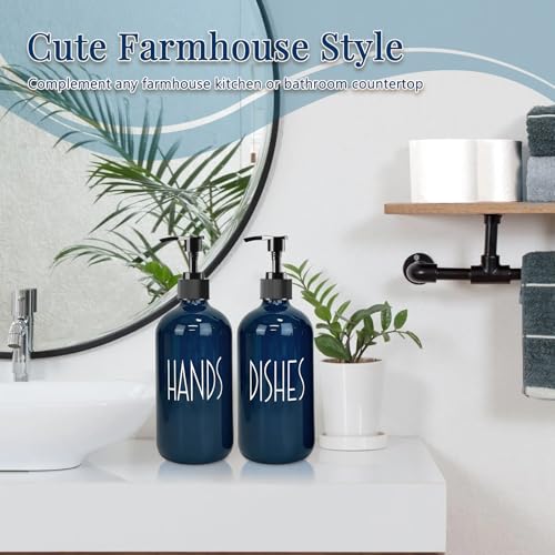 Dish Soap Dispenser for Kitchen - 16 OZ Glass Hand Soap Dispenser Set - Kitchen Bathroom Decor and Accessories (Navy Blue) - color: Navy Blue