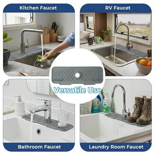 Silicone Faucet Handle Drip Catcher Beveled Drying Tray Mat Dish Soap Sponge Holder Accessories Gadgets for Kitchen Counter Bathroom Kitchen Sink Splash Guard (16.9") - size: 16.9" x 5.7"