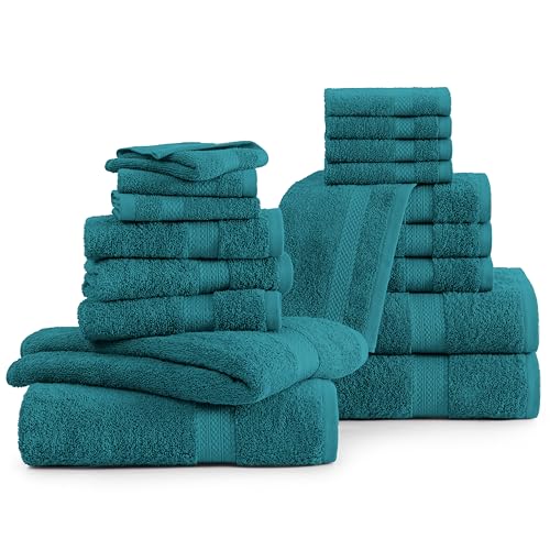 LANE LINEN 100% Cotton Bathroom Towels Set - 18 Piece - Super Soft, Quick Dry & Highly Absorbent - 4 Bath, 8 Washcloth, 6 Hand Towels - Premium Hotel Quality, Ideal for Spa & Salons - Seaport Blue - color: 09: Seaport Blue, size: 18 Piece Towel Set