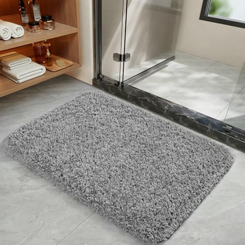 LOCHAS Bathroom Rug 24x17 Inch, Soft Thick Absorbent Polyester Bath Rugs for Bathroom, Machine Washable, Shaggy Plush Non Slip Bath Mat for Tub, Shower Floor, Quick Dry Mats, Grey - color: Grey, size: 24x17 inch (Rectangular)