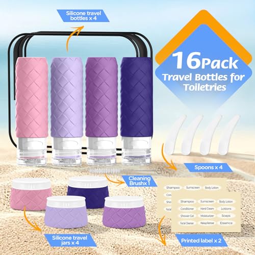 16 Pack Travel Bottles for Toiletries, TSA Approved Travel Size Toiletries Containers Set, BPA-Free Silicone Leak Proof Refillable Bottles Stackable Creams Jars Accessories Kit W/Clear Bag(Purple) - color: Purple