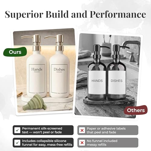 Glass Hand and Dish Soap Dispenser Set with Bamboo Tray – Kitchen Soap Dispenser Set, Stainless Steel Pumps, 16 oz, Silicone Funnel – Modern Farmhouse Kitchen Sink Decor - color: Stainless
