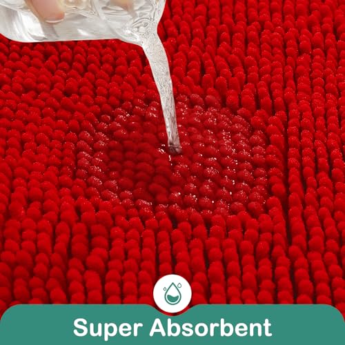 HOMEIDEAS Bathroom Rugs Set 2 Pieces, Ultra Soft Non Slip Absorbent Chenille Toilet Bath Mat Set (Red) - color: Red-red, size: 1'8" x 2'8" (U Shape 20"x24"+20"x32")