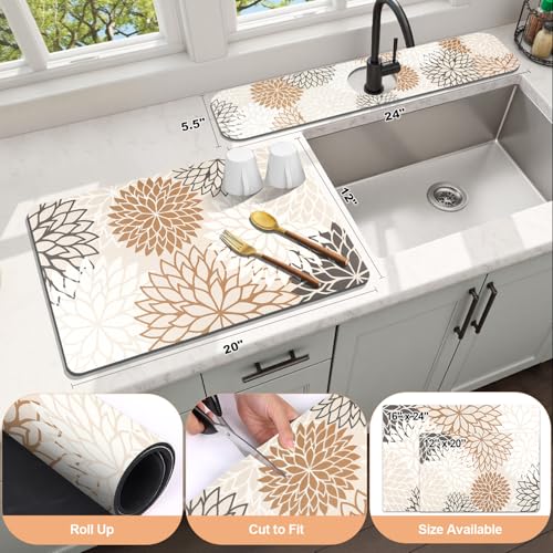 Findosom 2PCS 12" x 20" Dish Drying Mat & 24" x 5.5" Sink Splash Guard, Super Absorbent & Cuttable Dish Mat Drying Kitchen Mat with Brown Floral, Hide Stain Drying Mat for Kitchen Counter - color: Brown, size: 12" X 20" + 24" X 5.5"