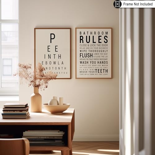 Poster Master 2-Piece Bathroom Sign Print - Eye Chart & Rules Poster - Humorous Guest Bath Decor - Minimal Typography Design - Powder Room Decor - Funny Restroom Sign - 24x32 UNFRAMED Wall Art - color: Style-01, size: 24"L x 32"W