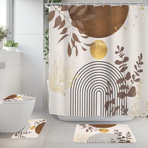 Riyidecor Brown Boho Mid Century 4Pcs Bathroom Shower Curtain Sets Modern Abstract Gold Bathroom Decor Set with Rugs and Accessories Minimalist Toilet Lid Rug, Contour and Bath Mat with 12 Hooks - color: 05brown
