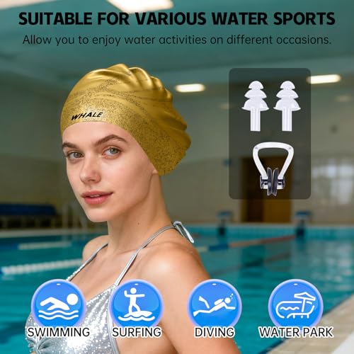 WHALE Extra Large Swim Cap Designed for Men and Women with Thick, Long Hair, Hair Extensions Or Afro-Textured Hair Long-Hair Swim Cap Highly Waterproof to Keep Hair Dry - color: Gold