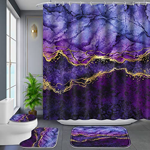 Poedist 4 Pcs Gold Edge Marble Bathroom Shower Curtain Set, Bathroom Sets with Shower Curtain and Rugs(Bath Mat,U Shape and Toilet Lid Cover Mat) and 12 Hooks-Purple - color: Purple Yellow