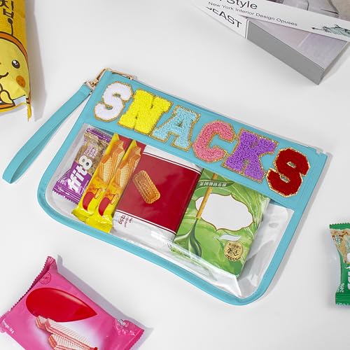 Snack Bag for Travel & Makeup - Clear Chenille Letter Zipper Pouch, Waterproof Cosmetic Tote Bag for Women & Girls (Blue) - color: Blue
