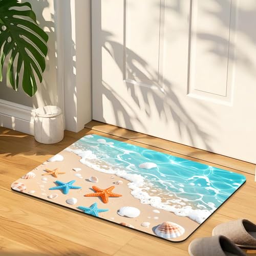 Quick Dry Bath Mat for Bathroom,Super Absorbent Beach Seashell Bath Rug Non-Slip Rubber Backing,Machine Washable Bathroom Floor Mat for Shower, Tub, Sink Area Ocean Blue 30x20 - color: Blue1, size: 1'8" x 2'6" (Rectangular)