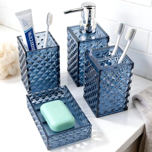 Bathroom Accessory Set, 4 PCS Blue Bathroom Accessories Set, Soap Dispenser and Toothbrush Holder Set, Soap Dish and Mouthwash Cup, Bathroom Decor, Bathroom Sets Accessories