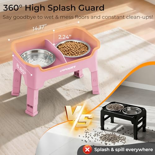 URPOWER Mess Proof Elevated Dog Bowls 4 Height Adjustable Raised Bowl Stand with 2 Stainless Steel Dog Bowls Non-Slip Food and Water Bowl Set for Small Dogs, Pink - color: Pink, size: Small