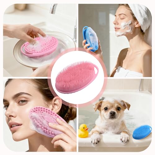 2 Pack Silicone Body Scrubber, Exfoliating Shower Scrubber for All Skin | 2 in 1 dual-sided design, soft bristles and massage bumps side, fast-drying, non-slip handle, for women and men, Blue+Pink - color: Blue&pink
