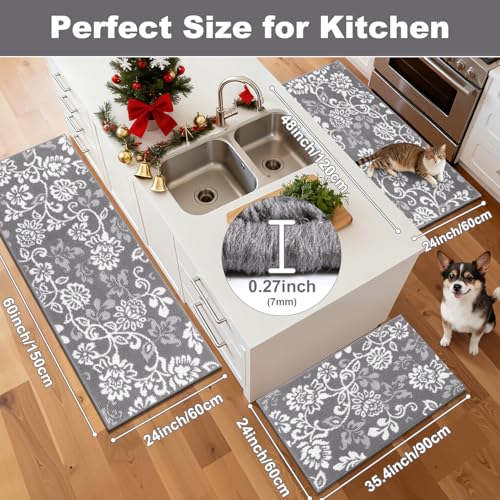 LOKHOM Boho Kitchen Rugs Sets of 3, Non Slip High-Low Textured Kitchen Mats for Floor with Rubber Backing, Paisley Floral Washable Carpet Runner for Hallways Entryway Laundry Sink (Grey & White) - color: Grey, size: 24"x35"+24"x48"+24"x60"