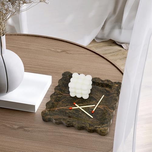 Square Marble Bathroom Vanity Tray,Luxury Natural Stone Decorative Tray,Soap Dispenser Dresser Top Perfume Home Kitchen Toilet Sink Tray, Key Trinket Ring (Rainforest Green, 8" x 8" x 0.8") - color: Rainforest Green, size: 8" x 8" x 0.8"