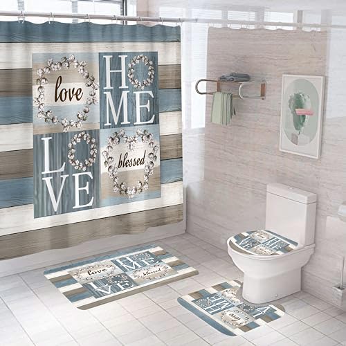 4PCS Rustic Floral Flower Sweet Love Home Fabric Shower Curtain Set, with Non-Slip Rugs, Toilet Lid Cover and Bath Mat Farmhouse Country Vintage Wood Plank Cotton Bathroom Decor Waterproof 72x72 - color: Home