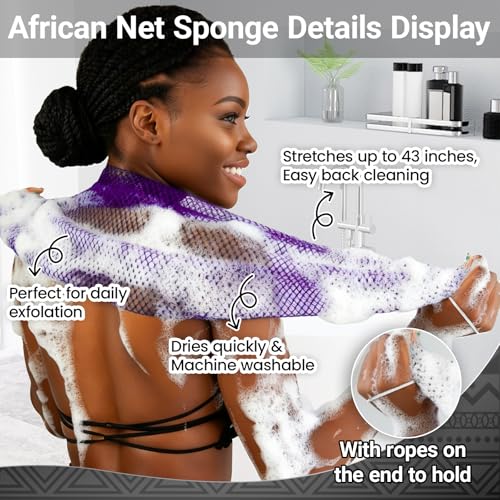 African Net Sponge Authentic 3 Pieces Gentle Exfoliating Body Scrubber Bath Sponges for All Skin Types, African Exfoliating Net Sponge with Handles Washcloth Loofah Bathing Accessories for Shower - style: Bright Green, Bright Pink, Purple