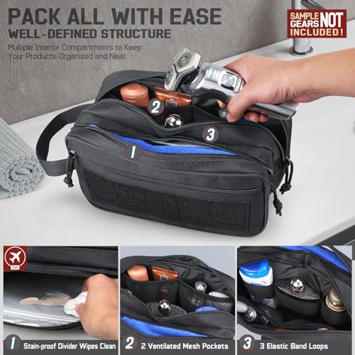 RXW EDC Toiletry Bag for Men, Tactical Dopp Kit, Molle Pouches Compact Travel Organizer for Shaving Shower, Hygiene, Grooming (Includes Dry/Wet Compartment & US Flag Patch) - color: Black