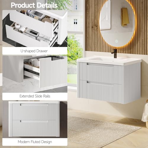 ONBRILL Modern Bathroom Vanity with Sink Combo, Curved Floating Bath Vanity with 2 Drawers, Wall Mount Bathroom Vanities with Integrated Ceramic Sink for Small Space, Apartment (White, 32“) - color: White, size: 32“