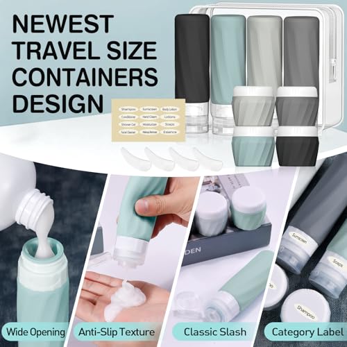 Silevoler 14pack Travel Bottles for Toiletries, TSA Approved Travel Size Toiletries Containers Set, Premium Silicone Leak Proof Refillable Squeezable & Creams jars Accessories Kit W/Clear Bag (Gray) - color: Gray