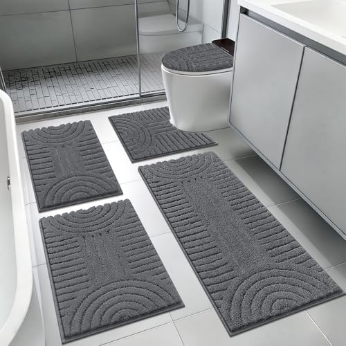SHACOS Bathroom Rugs Sets 5 Piece Ultra Soft Absorbent Microfiber | Bath Mat with Bath Runner, U Shape Contour Rug, Toilet Lid Cover, Non Slip Machine Washable Carpet for Bedroom, Dark Grey - color: Dark Grey