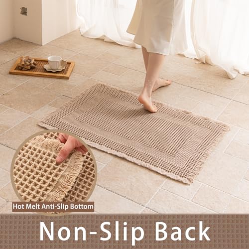 Waffle Bath Mat Non Slip, Boho Bathroom Rug, Super Absorbent Quick Dry Bathroom Mat, Soft Farmhouse Bath Rug with Tassels, Small Washable Shower Mats for Floor 20"x32", Square Brown - color: Square Brown, size: 1'8" x 2'8" (Rectangular)