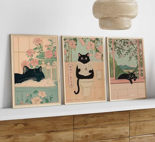 3Pcs Funny Bathroom Cat Wall Art Japanese Funny Black Cat in Bathtub Pictures Wall Decor Paintings Bathroom Animal Aesthetic Posters Prints Artwork for Bedroom Restroom Spa Room Home Decoration - color: Funny Cat, size: 10L" x 8W"Poster