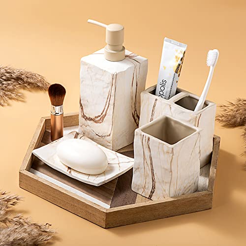 RQYIXI Bathroom Accessories Set 4 Pieces Toothbrush Holder Soap Dispenser Ceramic Bathroom Decor Set Contain Toothbrush Cup Soap Dish Tumbler Marble Brown - color: Brown
