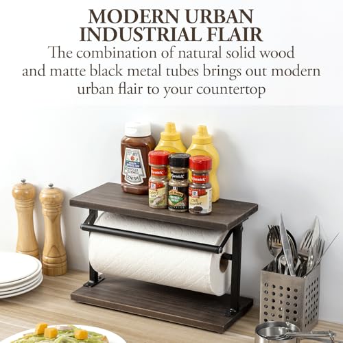MyGift Kitchen Countertop Paper Towel Holder and Condiment Display Shelf Rack, Rustic Burnt Wood and Metal Towel Dispenser with Top Shelf for Bathroom or Kitchen - color: Burnt Wood