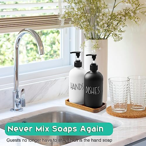 ALELION Glass Dish Soap Dispenser for Kitchen - 16 OZ Hand Soap Dispenser Set with Pump and Acacia Wood Tray - Black White Modern Farmhouse Kitchen Bathroom Decor and Accessories - color: Black and White