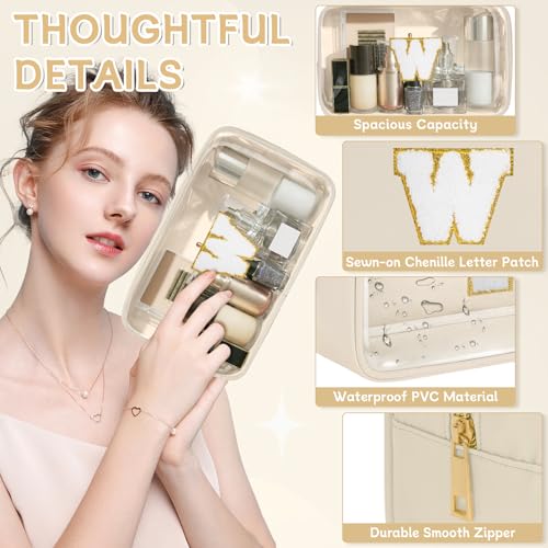 Initial Clear Makeup Bag, Birthday Gift Preppy Chenille Patch Cosmetic Bag, Initial Travel Essentials Beach Toiletry Pouch, Ideal Gift for Teachers & Moms, Women and Girls (Beige, W) - color: Beige, style: W