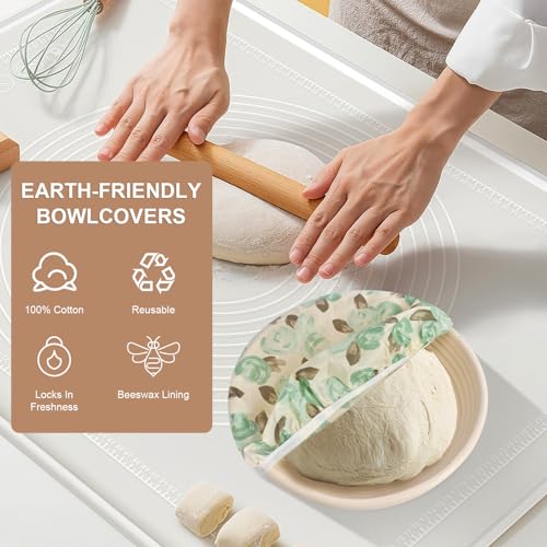 Reusable Bowl Covers for Bread Proofing - Beeswax Bowl Covers Reusable 3 Set, Cotton Blend Stretch Design, Fits 4-13 Inch Bowls, Shower Caps for Sourdough Bread, Dough Proofing & Food Storage（Roses） - color: Roses