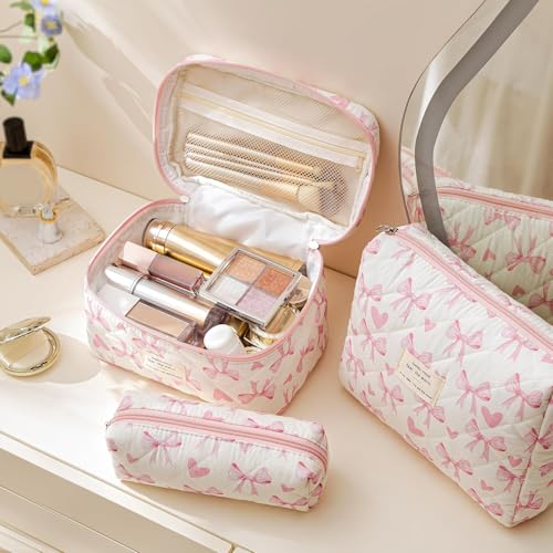 HBselect Quilted Makeup Bag, 3PCS Cotton Large Travel Makeup Bag, Cute Floral Coquette Make up Bag Cosmetic Bag Toiletry Bag for Women Girls - color: A-3PCS-Floral 13