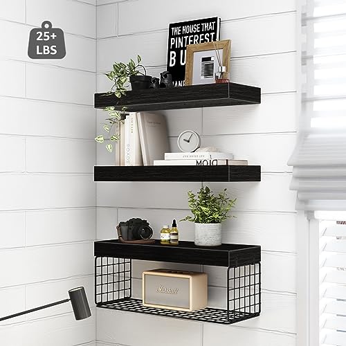 QEEIG Bathroom Shelves Over Toilet - Wall Mounted Floating Shelves Toilet Paper Storage Small Farmhouse Decor Shelf 16 inch Set of 3, Black (019-B3) - color: B. Black, size: 3pcs