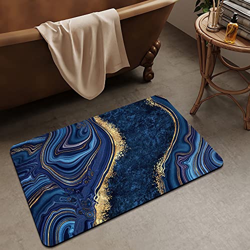 Bath Mat Rug,Dark Blue Gold Marble Non Slip Quick Dry Super Absorbent Thin Bathroom Rugs Fit Under Door-Easy to Clean Bathroom Floor Mats-Shower Rug for Shower Sink Bathtub(20" x 31"in) - color: Dark Blue Gold Marble, size: 1'8" X 2'8" (Rectangular)