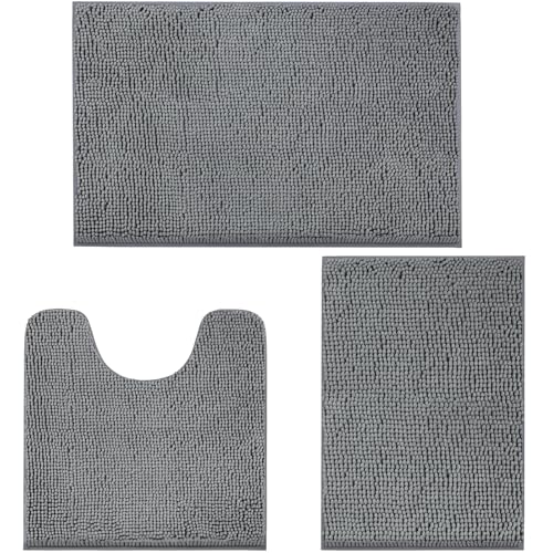 LINLA 3 Pieces Bathroom Rug Set, Absorbent Non Slip Chenille Bath mat, Thick Plush Chenille Carpet Mats Set,Washable Dry Quickly with U-Shaped Toilet Mat for Tub, Shower（Grey） - color: Grey