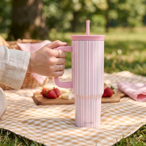 SANDJEST Stripe Stainless Steel Locking Lid Silicone Straw Tumbler with Handle 40oz, Insulated Stainless Steel Travel Cup for Women Girls Friends, Gift Idea for Birthday Summer Vacation (Pink) - color: Pink Stripes