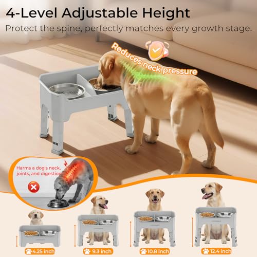URPOWER Mess Proof Elevated Dog Bowls, High Wall Splash Guard Design, 4 Height Adjustable Raised Bowl Stand, 2 Stainless Steel Bowls, Non-Slip Food Water Set for Small Medium Large Dogs - color: Light Grey, size: Medium