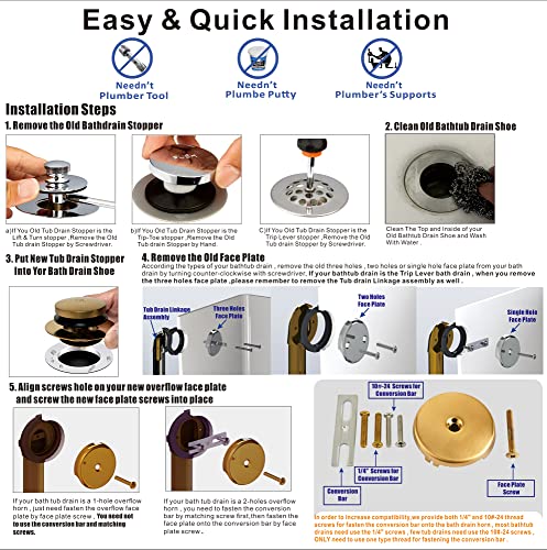 Artiwell Universal Tip Toe Tub Drain Conversion Kit - Bathtub Drain Replacement Trim Kit with 1-Hole Overflow Face Plate and Pop-Up Tub Stopper, Brushed Gold - color: Brushed Gold