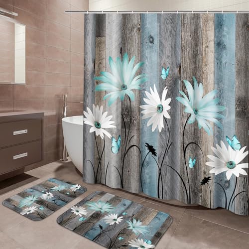 ArtSocket Teal Daisy Flowers Butterfly Bathroom Set with Shower Curtain and Bath Rugs and Accessories,Wooden Boards Non-Slip Shower Curtain Set,Bathroom Decor 3 Pcs - color: Teal Daisy Flowers