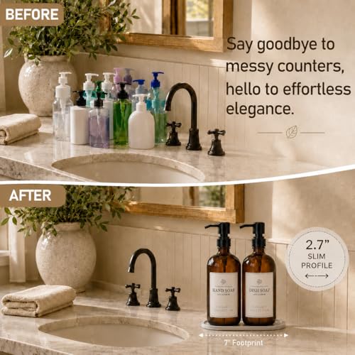 Fachixy Amber Glass Soap Dispenser (2 Pack), 16 Fl Oz Hand & Dish Soap Dispenser Bottles Set with Leak-Resistant Stainless Steel Pump, Non-Slip Pad, 14 Waterproof Labels for Kitchen and Bathroom - color: Brown